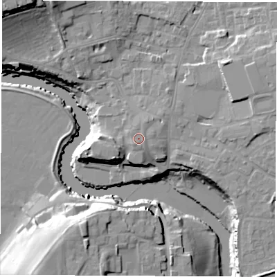 Shaded relief map of the ground around LS226LQ, computed from Environment Agency LiDAR. The ground here sits at about 28 m above sea level and falls 30 m across the surrounding 800 m. Surface water reaching this point runs off ground lying to the north-north-east, 1.4 m higher.