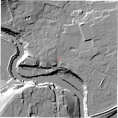 Shaded relief map of the ground around LS226LT, computed from Environment Agency LiDAR. The ground here sits at about 28 m above sea level and falls 24 m across the surrounding 800 m. Surface water reaching this point runs off ground lying to the east-north-east, 6.9 m higher.
