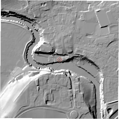 Shaded relief map of the ground around LS226NB, computed from Environment Agency LiDAR. The ground here sits at about 20 m above sea level and falls 27 m across the surrounding 800 m. Surface water reaching this point runs off ground lying to the south-west, 20.0 m higher.