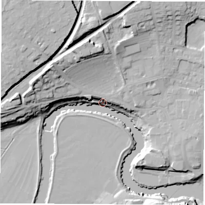 Shaded relief map of the ground around LS226NH, computed from Environment Agency LiDAR. The ground here sits at about 23 m above sea level and falls 35 m across the surrounding 800 m. Surface water reaching this point runs off ground lying to the north-west, 27.3 m higher.