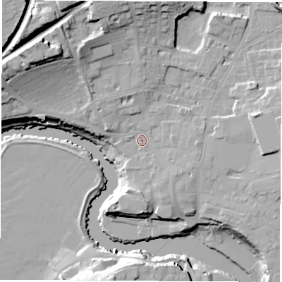Shaded relief map of the ground around LS226PU, computed from Environment Agency LiDAR. The ground here sits at about 27 m above sea level and falls 32 m across the surrounding 800 m. Surface water reaching this point runs off ground lying to the north-west, 4.1 m higher.