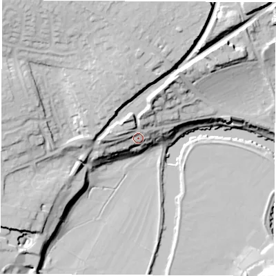 Shaded relief map of the ground around LS226SD, computed from Environment Agency LiDAR. The ground here sits at about 32 m above sea level and falls 37 m across the surrounding 800 m. Surface water reaching this point runs off ground lying to the north-north-east, 8.5 m higher.