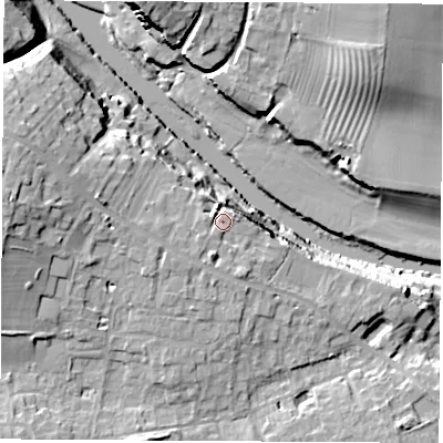 Shaded relief map of the ground around LS236AG, computed from Environment Agency LiDAR. The ground here sits at about 24 m above sea level and falls 24 m across the surrounding 800 m. Surface water reaching this point runs off ground lying to the south-west, 2.8 m higher.
