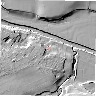 Shaded relief map of the ground around LS236AN, computed from Environment Agency LiDAR. The ground here sits at about 15 m above sea level and falls 16 m across the surrounding 800 m. Surface water reaching this point runs off ground lying to the west-south-west, 8.6 m higher.