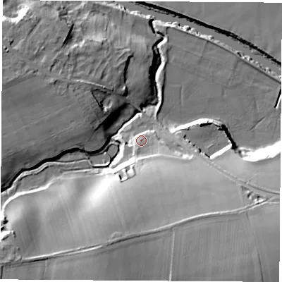 Shaded relief map of the ground around LS236AW, computed from Environment Agency LiDAR. The ground here sits at about 16 m above sea level and falls 28 m across the surrounding 800 m. Surface water reaching this point runs off ground lying to the south-south-east, 16.6 m higher.