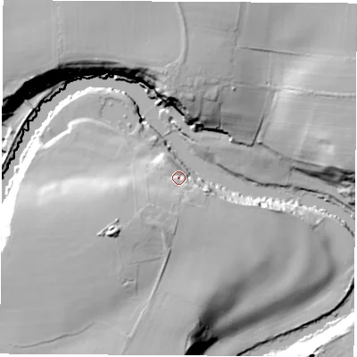 Shaded relief map of the ground around LS236ET, computed from Environment Agency LiDAR. The ground here sits at about 23 m above sea level and falls 26 m across the surrounding 800 m. Surface water reaching this point runs off ground lying to the south-west, 18.1 m higher.