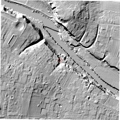 Shaded relief map of the ground around LS236HD, computed from Environment Agency LiDAR. The ground here sits at about 19 m above sea level and falls 26 m across the surrounding 800 m. Surface water reaching this point runs off ground lying to the west-south-west, 12.8 m higher.