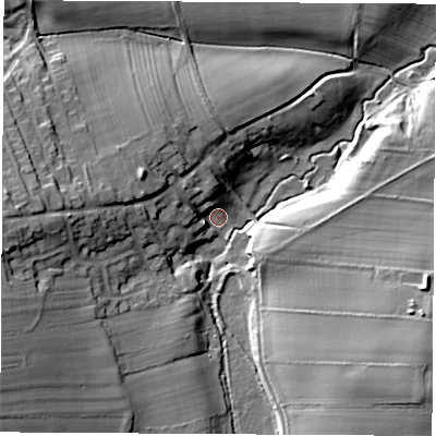 Shaded relief map of the ground around LS236HW, computed from Environment Agency LiDAR. The ground here sits at about 20 m above sea level and falls 22 m across the surrounding 800 m. Surface water reaching this point runs off ground lying to the south-west, 19.5 m higher.