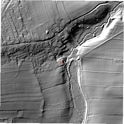 Shaded relief map of the ground around LS236LE, computed from Environment Agency LiDAR. The ground here sits at about 24 m above sea level and falls 24 m across the surrounding 800 m. Surface water reaching this point runs off ground lying to the west-south-west, 19.1 m higher.
