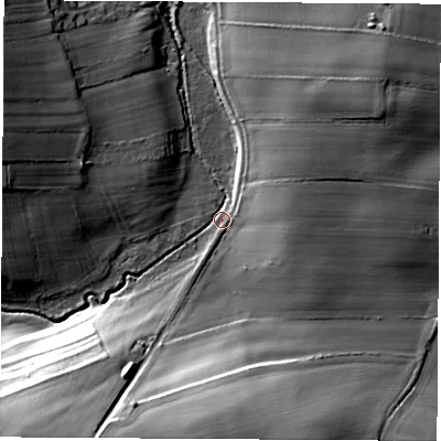 Shaded relief map of the ground around LS236LF, computed from Environment Agency LiDAR. The ground here sits at about 22 m above sea level and falls 34 m across the surrounding 800 m. Surface water reaching this point runs off ground lying to the south-south-west, 33.6 m higher.