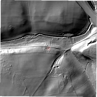 Shaded relief map of the ground around LS236LR, computed from Environment Agency LiDAR. The ground here sits at about 41 m above sea level and falls 36 m across the surrounding 800 m. Surface water reaching this point runs off ground lying to the south-west, 25.1 m higher.