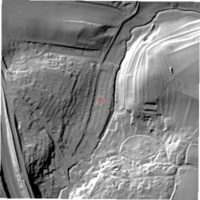 Shaded relief map of the ground around LS236NE, computed from Environment Agency LiDAR. The ground here sits at about 27 m above sea level and falls 36 m across the surrounding 800 m. Surface water reaching this point runs off ground lying to the west, 16.5 m higher.