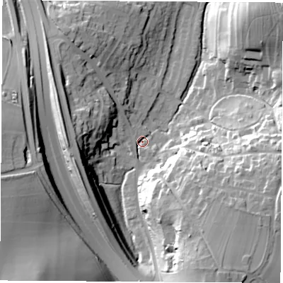 Shaded relief map of the ground around LS236NF, computed from Environment Agency LiDAR. The ground here sits at about 27 m above sea level and falls 36 m across the surrounding 800 m. Surface water reaching this point runs off ground lying to the south-south-east, 32.9 m higher.