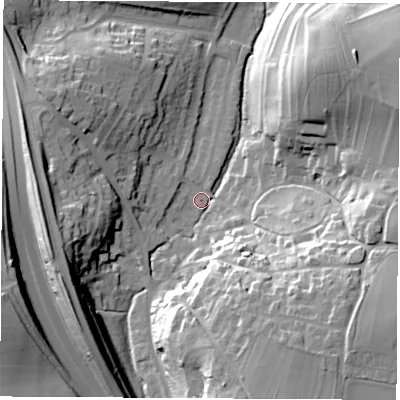 Shaded relief map of the ground around LS236QS, computed from Environment Agency LiDAR. The ground here sits at about 27 m above sea level and falls 34 m across the surrounding 800 m. Surface water reaching this point runs off ground lying to the south, 30.3 m higher.