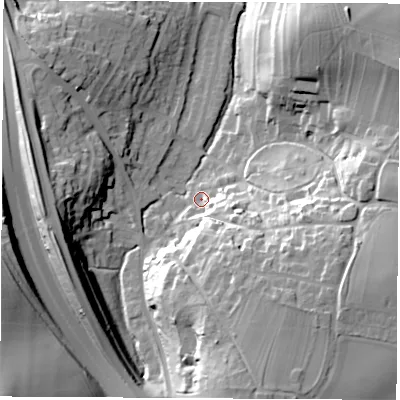 Shaded relief map of the ground around LS236QT, computed from Environment Agency LiDAR. The ground here sits at about 29 m above sea level and falls 36 m across the surrounding 800 m. Surface water reaching this point runs off ground lying to the south-east, 28.0 m higher.