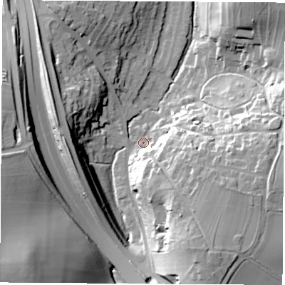 Shaded relief map of the ground around LS236QU, computed from Environment Agency LiDAR. The ground here sits at about 29 m above sea level and falls 36 m across the surrounding 800 m. Surface water reaching this point runs off ground lying to the south-south-east, 32.5 m higher.