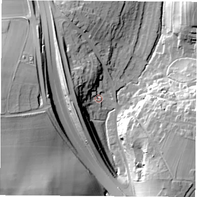 Shaded relief map of the ground around LS236QZ, computed from Environment Agency LiDAR. The ground here sits at about 30 m above sea level and falls 36 m across the surrounding 800 m. Surface water reaching this point runs off ground lying to the south-east, 32.5 m higher.