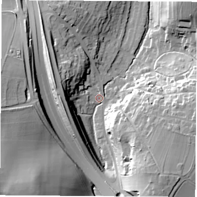 Shaded relief map of the ground around LS236RA, computed from Environment Agency LiDAR. The ground here sits at about 29 m above sea level and falls 36 m across the surrounding 800 m. Surface water reaching this point runs off ground lying to the south-east, 32.5 m higher.
