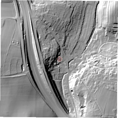 Shaded relief map of the ground around LS236RB, computed from Environment Agency LiDAR. The ground here sits at about 30 m above sea level and falls 36 m across the surrounding 800 m. Surface water reaching this point runs off ground lying to the west, 18.2 m higher.