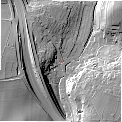 Shaded relief map of the ground around LS236RD, computed from Environment Agency LiDAR. The ground here sits at about 29 m above sea level and falls 36 m across the surrounding 800 m. Surface water reaching this point runs off ground lying to the west-south-west, 20.8 m higher.