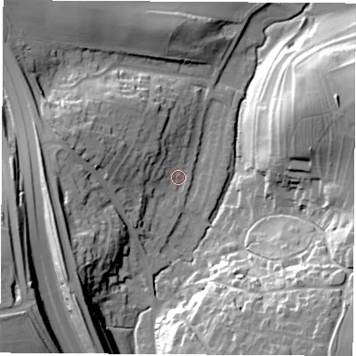 Shaded relief map of the ground around LS236RN, computed from Environment Agency LiDAR. The ground here sits at about 28 m above sea level and falls 35 m across the surrounding 800 m. Surface water reaching this point runs off ground lying to the west-north-west, 13.5 m higher.