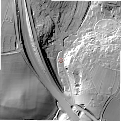 Shaded relief map of the ground around LS236TJ, computed from Environment Agency LiDAR. The ground here sits at about 30 m above sea level and falls 35 m across the surrounding 800 m. Surface water reaching this point runs off ground lying to the south-east, 32.1 m higher.