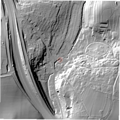 Shaded relief map of the ground around LS236ZA, computed from Environment Agency LiDAR. The ground here sits at about 28 m above sea level and falls 36 m across the surrounding 800 m. Surface water reaching this point runs off ground lying to the south-south-east, 32.8 m higher.