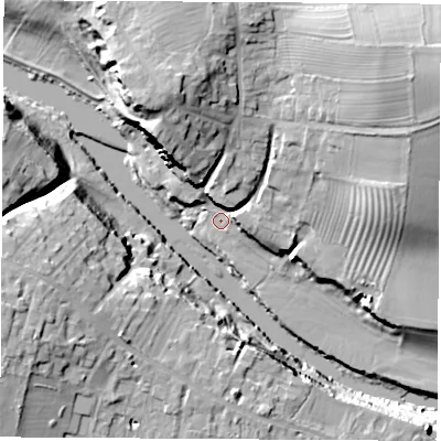 Shaded relief map of the ground around LS237AA, computed from Environment Agency LiDAR. The ground here sits at about 13 m above sea level and falls 25 m across the surrounding 800 m. Surface water reaching this point runs off ground lying to the north-east, 19.9 m higher.