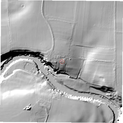 Shaded relief map of the ground around LS237DS, computed from Environment Agency LiDAR. The ground here sits at about 34 m above sea level and falls 26 m across the surrounding 800 m. Surface water reaching this point runs off ground lying to the north-west, 3.3 m higher.