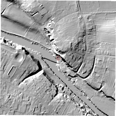 Shaded relief map of the ground around LS237DZ, computed from Environment Agency LiDAR. The ground here sits at about 13 m above sea level and falls 26 m across the surrounding 800 m. Surface water reaching this point runs off ground lying to the east-north-east, 17.5 m higher.