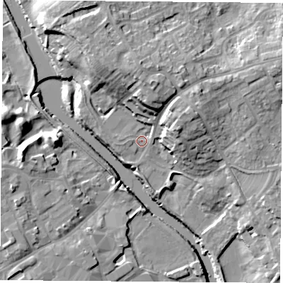 Shaded relief map of the ground around LS248AB, computed from Environment Agency LiDAR. The ground here sits at about 10 m above sea level and falls 18 m across the surrounding 800 m. Surface water reaching this point runs off ground lying to the north, 13.3 m higher.