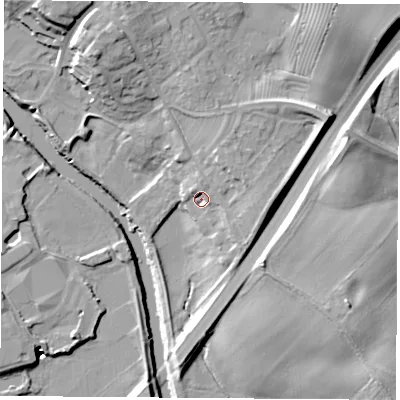 Shaded relief map of the ground around LS248DP, computed from Environment Agency LiDAR. The ground here sits at about 11 m above sea level and falls 20 m across the surrounding 800 m. Surface water reaching this point runs off ground lying to the north-east, 4.7 m higher.