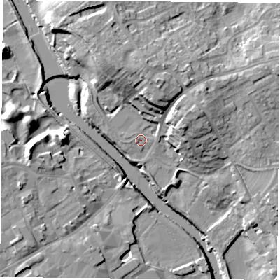 Shaded relief map of the ground around LS248EU, computed from Environment Agency LiDAR. The ground here sits at about 10 m above sea level and falls 18 m across the surrounding 800 m. Surface water reaching this point runs off ground lying to the north-north-east, 13.2 m higher.