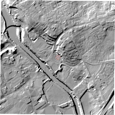Shaded relief map of the ground around LS248HD, computed from Environment Agency LiDAR. The ground here sits at about 9 m above sea level and falls 18 m across the surrounding 800 m. Surface water reaching this point runs off ground lying to the north-north-east, 12.6 m higher.