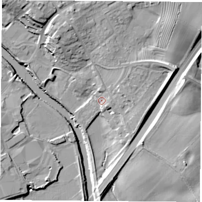 Shaded relief map of the ground around LS248HL, computed from Environment Agency LiDAR. The ground here sits at about 12 m above sea level and falls 20 m across the surrounding 800 m. Surface water reaching this point runs off ground lying to the north-east, 7.3 m higher.