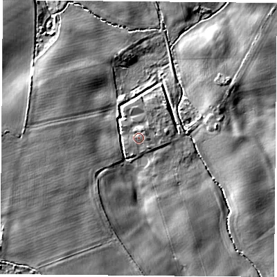 Shaded relief map of the ground around LS248HQ, computed from Environment Agency LiDAR. The ground here sits at about 15 m above sea level and falls 7 m across the surrounding 800 m. Surface water reaching this point runs off ground lying to the north-north-east, 1.5 m higher.