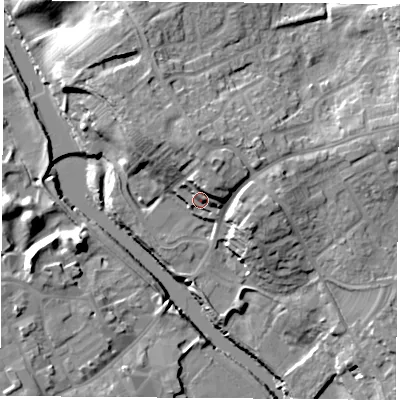 Shaded relief map of the ground around LS248HR, computed from Environment Agency LiDAR. The ground here sits at about 15 m above sea level and falls 18 m across the surrounding 800 m. Surface water reaching this point runs off ground lying to the north-north-east, 8.2 m higher.