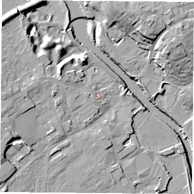 Shaded relief map of the ground around LS249AD, computed from Environment Agency LiDAR. The ground here sits at about 11 m above sea level and falls 18 m across the surrounding 800 m. Surface water reaching this point runs off ground lying to the west, 2.0 m higher.