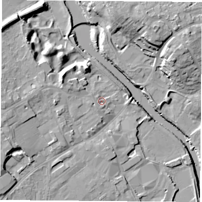 Shaded relief map of the ground around LS249AE, computed from Environment Agency LiDAR. The ground here sits at about 11 m above sea level and falls 18 m across the surrounding 800 m. Surface water reaching this point runs off ground lying to the west, 1.4 m higher.