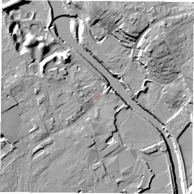 Shaded relief map of the ground around LS249AL, computed from Environment Agency LiDAR. The ground here sits at about 9 m above sea level and falls 18 m across the surrounding 800 m. Surface water reaching this point runs off ground lying to the north-west, 9.4 m higher.