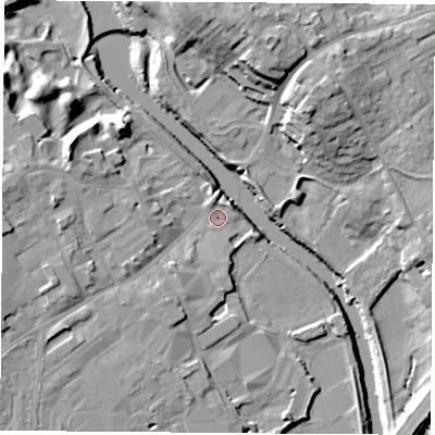 Shaded relief map of the ground around LS249AN, computed from Environment Agency LiDAR. The ground here sits at about 9 m above sea level and falls 18 m across the surrounding 800 m. Surface water reaching this point runs off ground lying to the north-west, 9.4 m higher.