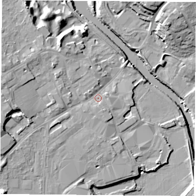 Shaded relief map of the ground around LS249AP, computed from Environment Agency LiDAR. The ground here sits at about 11 m above sea level and falls 19 m across the surrounding 800 m. Surface water reaching this point runs off ground lying to the west, 8.1 m higher.