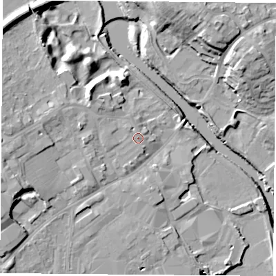 Shaded relief map of the ground around LS249AQ, computed from Environment Agency LiDAR. The ground here sits at about 12 m above sea level and falls 19 m across the surrounding 800 m. Surface water reaching this point runs off ground lying to the west-north-west, 0.9 m higher.