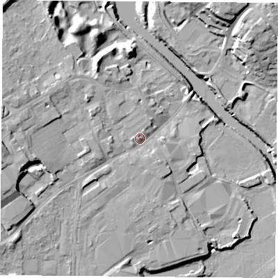 Shaded relief map of the ground around LS249AT, computed from Environment Agency LiDAR. The ground here sits at about 12 m above sea level and falls 19 m across the surrounding 800 m. Surface water reaching this point runs off ground lying to the west, 9.6 m higher.