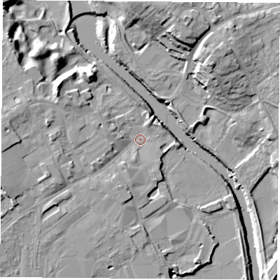 Shaded relief map of the ground around LS249AW, computed from Environment Agency LiDAR. The ground here sits at about 9 m above sea level and falls 20 m across the surrounding 800 m. Surface water reaching this point runs off ground lying to the north-west, 9.4 m higher.