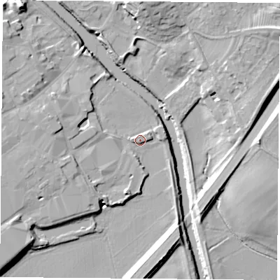 Shaded relief map of the ground around LS249AY, computed from Environment Agency LiDAR. The ground here sits at about 10 m above sea level and falls 17 m across the surrounding 800 m. Surface water reaching this point runs off ground lying to the west-north-west, 4.7 m higher.