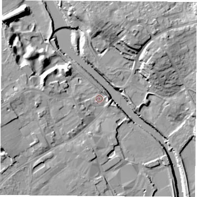 Shaded relief map of the ground around LS249BA, computed from Environment Agency LiDAR. The ground here sits at about 9 m above sea level and falls 18 m across the surrounding 800 m. Surface water reaching this point runs off ground lying to the north-west, 9.4 m higher.