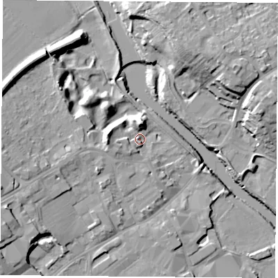 Shaded relief map of the ground around LS249BL, computed from Environment Agency LiDAR. The ground here sits at about 11 m above sea level and falls 18 m across the surrounding 800 m. Surface water reaching this point runs off ground lying to the west, 6.3 m higher.