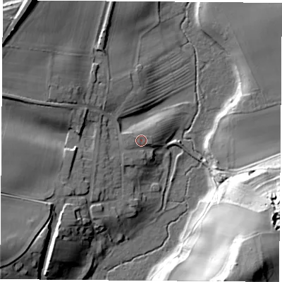 Shaded relief map of the ground around LS249BT, computed from Environment Agency LiDAR. The ground here sits at about 13 m above sea level and falls 35 m across the surrounding 800 m. Surface water reaching this point runs off ground lying to the south-west, 20.3 m higher.