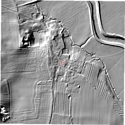 Shaded relief map of the ground around LS249DD, computed from Environment Agency LiDAR. The ground here sits at about 9 m above sea level and falls 11 m across the surrounding 800 m. Surface water reaching this point runs off ground lying to the south, 2.9 m higher.